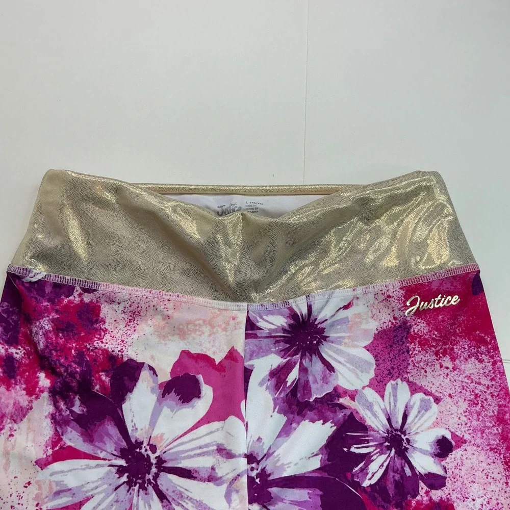Justice Multi Pink Floral Leggings Kids Size L 12/14 Gold Metallic Waistband